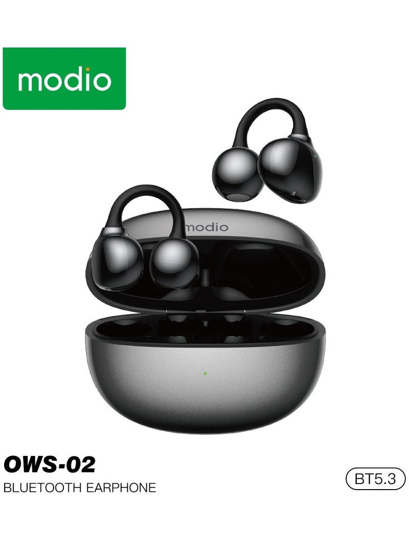 Modio OWS-02 Wireless Ear-Clip Earbuds with Charging Case – Long Battery Life, Multi-Functional Touch Controls, Crystal Clear Microphone, Comfortable Black Design - Image 1